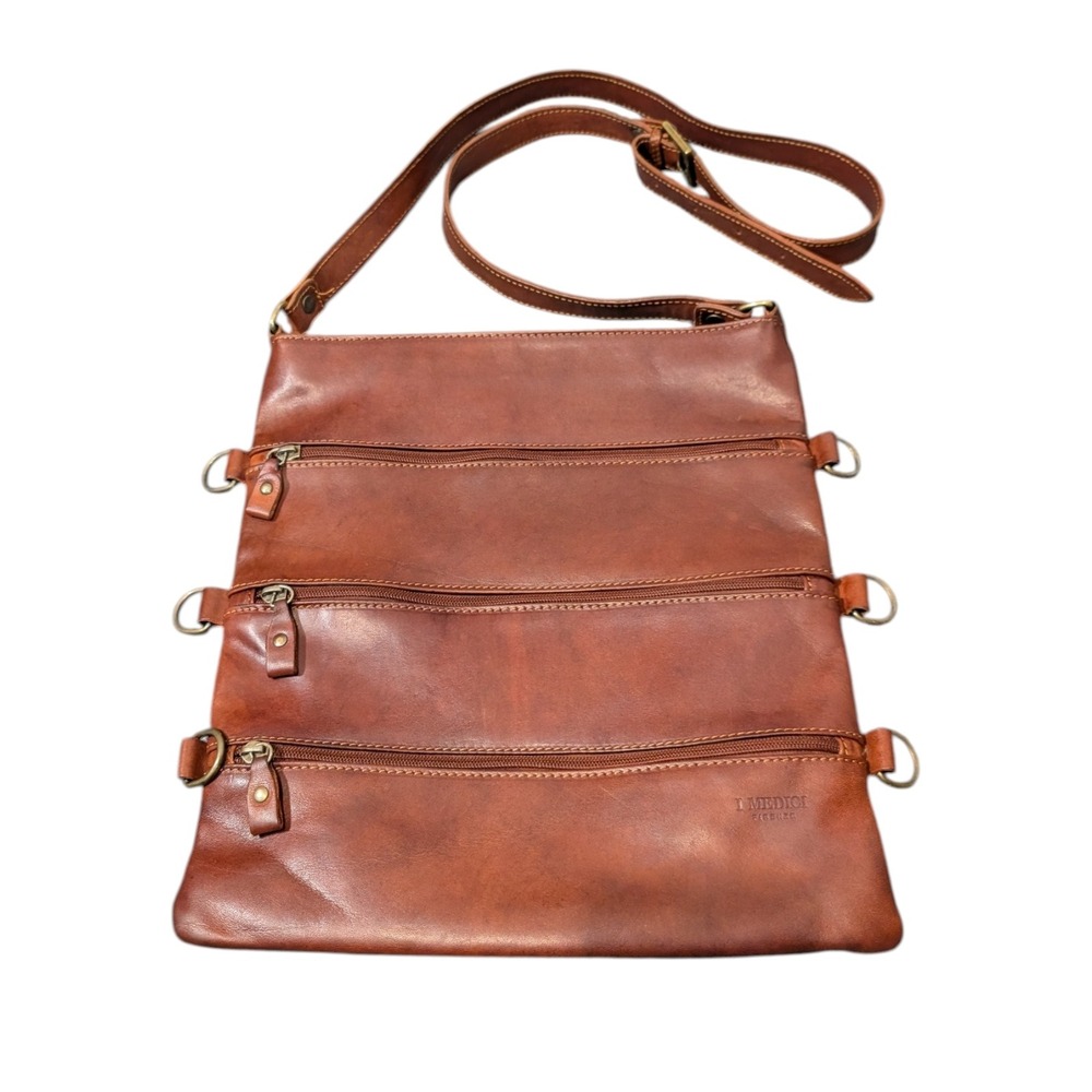 I Medici Firenze Italian Leather Crossbody‎ Bag Brown Multi Zip Messenger Italy